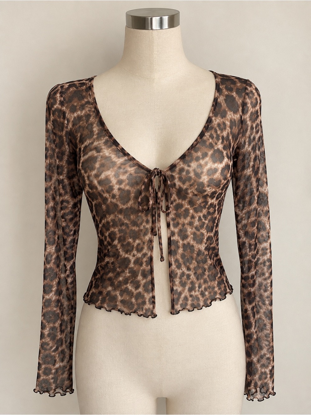 Leopard Tie-Front Mesh Blouse - Brown